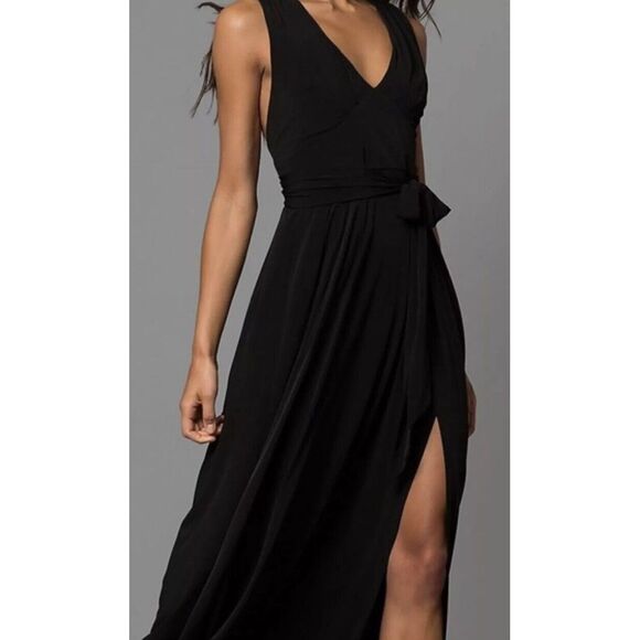 BCBGeneration‎ V Neck Belted Black Maxi Dress XS Front Slit Open Back 58" Long - Picture 1 of 16